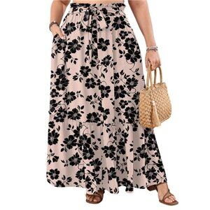 Women's Plus Size Casual High Waist Tie Front Long Skirts with Pockets